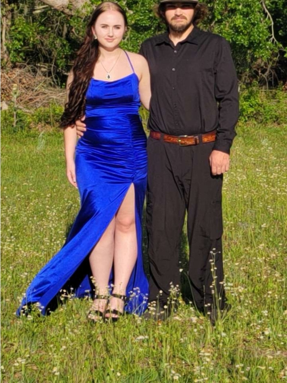 Windsor Electric Blue Satin Ruched Maxi Dress with Thigh Slit